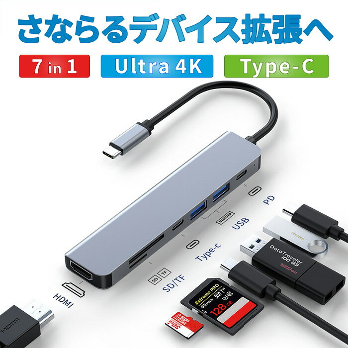 ＼先着順 最大10 OFF／ USB Type-C ハブ 7in1 HDMI 4K USB3.0 usbハブ 3 充電 メモリ 4K PD 対応 SDカードリーダー microSD セルフパワー usb コンセント iphone 変換 ウルトラ アダプタ タイプC ノートパソコン PC Chromebook surface PC iPad mini6 Air5/4 Pro Android