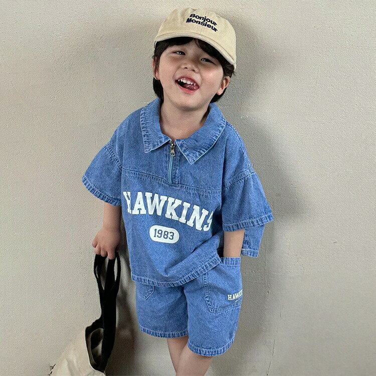 キッズ デニムセットアップ 半袖Tシャツ ショートパンツ 上下セット 子供服 男の子 女の子 ベビー ジュニア 韓国子供服 英字プリント ゆったり 動きやすい 旅行 お出かけ 通学 通園