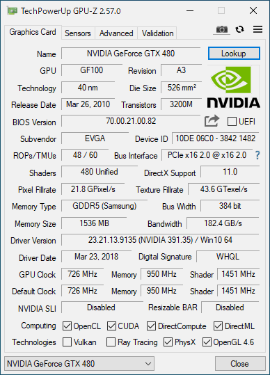 EVGA Corporation GeForce GTX 480 1536MB mini-HDMI/Dual-Link DVI-I *2 PCI Express 2.0 x16 015-P3-1482-AR【中古グラフィックボード】