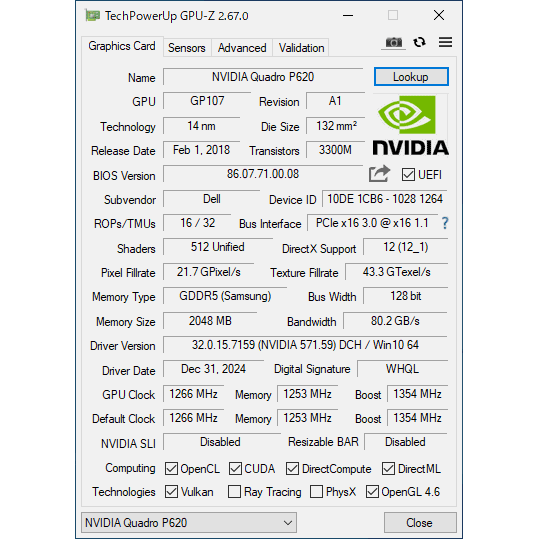 Dell Quadro P620 2.0GB Mini DisplayPort *4 PCI Express 3.0 x16 Low-Profile 0KN802【中古グラフィックボード】 - Image 2