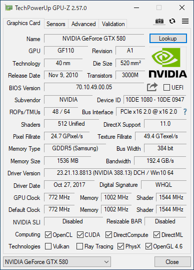 Hewlett-Packard Company GeForce GTX 580 1536MB mini-HDMI/Dual-Link DVI-I *2 PCI Express 2.0 x16 649664-001【中古グラフィックボード】 2