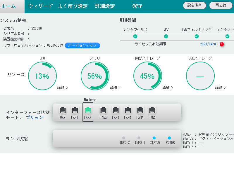 SS5000 Std SAXA UTM 統合型脅威管理装置 Version 02.05.003 ライセンス有効期間満了 初期化済【中古】