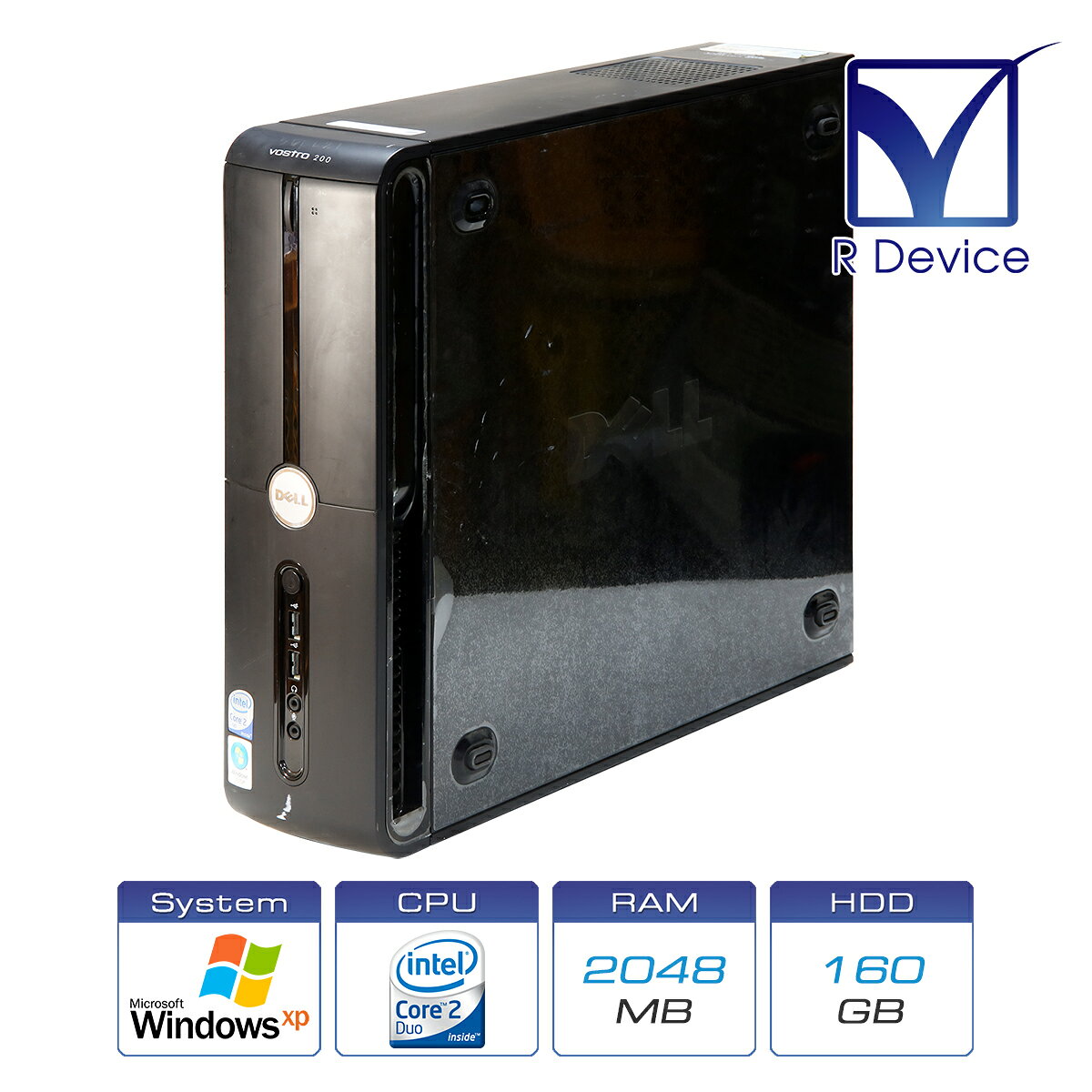 Dell Vostro 200 Mini Tower Dell - Vostro 200 Mini Tower Intel Core2 Duo Processor E8400, 2.00 GB, 160.0 GB, DVD-ROM Radeon HD 2400 PRO, Windows XP Professional - Service Pack 3 商品状態 動作確認済 中古品 です。 本体に 擦りキズ シール跡 使用感 等があります。 キーボード マウス リカバリディスク 等は付属しません。 出荷前にクリーニングを実施しますが、落としきれない汚れがある場合がございます。 Microsoft Corporation Windows XP Professional - Service Pack 3 をセットアップ済みです。 商品仕様 事業者名 Dell Inc. Model Dell Vostro 200 Mini Tower オペレーティングシステム Microsoft Corporation Windows XP Professional - Service Pack 3 チップセット Intel G33 Express Chipset プロセッサ Intel Core2 Duo Processor E8400 システムメモリ 2.00 GB - 1.00 GB * 1, DDR2-800 SDRAM DIMM メモリモジュールコネクタ DDR2 SDRAM UDIMM * 4 ソリッドステートドライブ - ハードディスクドライブ 160.0 GB - 3.5インチ, Serial ATA, 7200 rpm オプティカルドライブ DVD-ROM ドライブ フロッピーディスクドライブ - ドライブベイ 外部 5.25インチ ドライブベイ * 1 外部 3.5インチ ドライブベイ * 1 内部 3.5インチ ドライブベイ * 2 ビデオコントローラ ATI Technologies Inc. Radeon HD 2400 PRO オーディオコントローラ Realtek Semiconductor Corp. ALC888 High Definition Audio ネットワークコントローラ Intel 82562V Fast Ethernet Network Connection 拡張バス PCI 2.3 - 32-bit * 2 PCI Express 1.0A x1 * 1 PCI Express 1.0A x16 * 1 外付コネクタ ビデオコネクタ Dual-Link DVI-I - Radeon HD 2400 PRO ビデオコネクタ mini D-Sub 15-Pin DE-15 ネットワークコネクタ 100BASE-TX RJ-45 USB Type-A 2.0 * 8 オーディオ * 6 システム基板コネクタ 内蔵 USB デバイス * 2 Serial ATA * 4 本体サイズ (H) 362 mm 本体サイズ (W) 170 mm 本体サイズ (D) 435 mm 本体質量 12.7 kg 付属品 電源コード 商品状態につきまして 複数台出品につき、掲載写真はイメージとなります。 こちらの商品は 中古品 になりますので、本体外装にキズ等の使用感がございます。 出荷前にクリーニングを実施しますが、落としきれない汚れがある場合がございます。 掲載写真と概ね同程度のコンディションのものを出荷いたしますが、多少の違いはご了承ください。 保証につきまして こちらの商品は 初期不良のみ 30日間 の動作保証付 です。 ハードウェアの不具合につきましては同商品と交換、または返品させて頂きます。 アフターサポートは、当店では行っておりませんので、予めご了承の上お買い求めください。 以下の問題点につきましては保証の対象外となりますのでご了承ください。 動作に影響の無いキズや汚れ等 お客様の主観的内容 お客様自身の 誤操作 改造 分解 による破損や故障 お使いのドライバ含むソフトウェアとの相性問題 マザーボードのバッテリー残量 ストレージ類の不良セクタ 周辺機器等との相性問題 経年劣化による色の変色 納期につきまして こちらの商品は当店在庫品ですので、ご注文確定後、通常 1-3 営業日 での発送になります。 最短での発送をご希望の場合は日時指定無しでご注文ください。 領収書の発行をご希望の場合は、ご注文時に備考欄にご記入下さい。 土 日 祝日 はストア定休日につき翌営業日以降のご対応になります。
