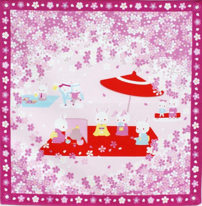 【 風呂敷 】 春の野点 ピンク 綿 小風呂敷（約50cm巾）[ タペストリー 風呂敷 ふろしき うさぎ ウサギ サクラ さくら お花見 花見 桜 四季 季節 春 4月 四季彩布 インテリア 飾り ディスプレイ ディスプレー 壁掛け 掛軸 ]