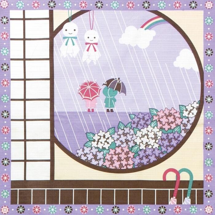 【 風呂敷 】梅雨 綿 小風呂敷（約50cm巾）[ タペストリー 風呂敷 ふろしき 紫陽花 あじさい アジサイ 雨 傘 てるて…