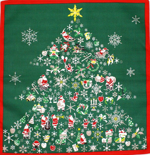 【 風呂敷 】 クリスマス ★ サンタ ツリー　綿 小風呂敷（約50cm巾）[ クリスマスツリー タペストリー 和風 サンタ サンタクロース 四季 季節 冬 12月 雪 結晶 プレゼント グリーン みどり 緑 インテリア 飾り ディスプレイ ディスプレー 壁掛け 掛軸 ]のサムネイル