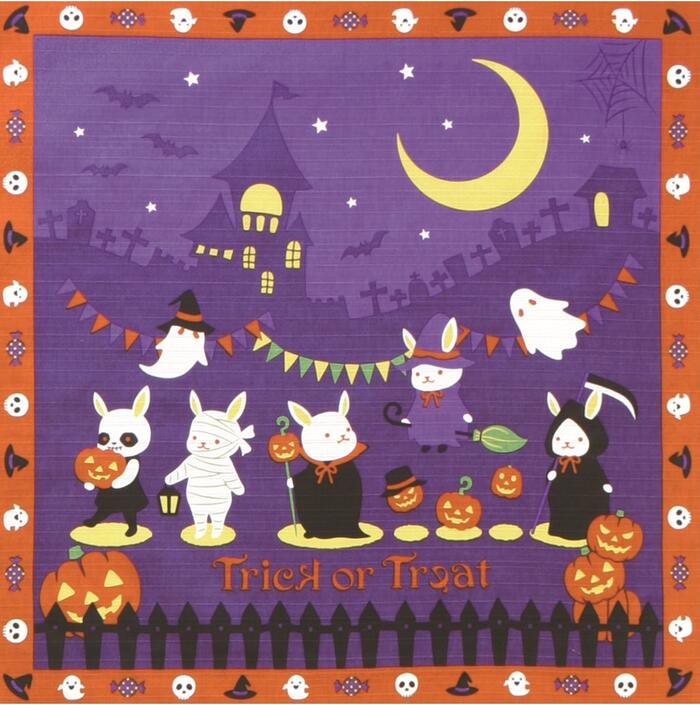 【 風呂敷 】 トリックオアトリート 綿 小風呂敷（約50cm巾）[ ハロウィン タペストリー 風呂敷 ふろしき うさぎ ウサギ お化け ハロウィン かぼちゃ 四季 季節 秋 10月 インテリア 飾り 壁掛け 掛軸 四季彩布 ]のサムネイル