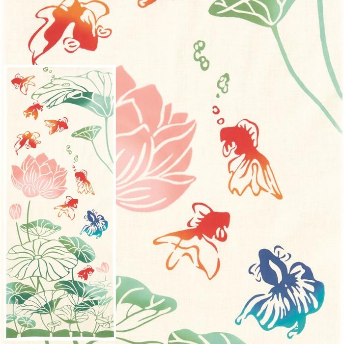 【 注染 手ぬぐい 】 蓮金魚 気音間 kenema [ 蓮 金魚はす きんぎょ ハス タペストリー 和風 インテリア 飾り 四季 季節 夏 7月 8月 9月 日本土産 日本 みやげ]