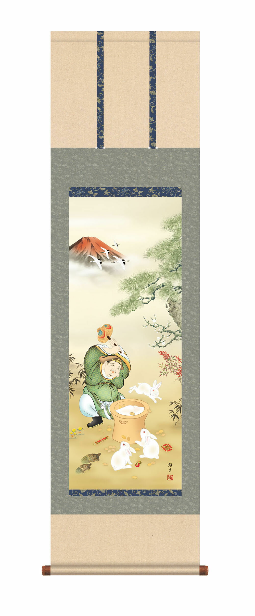 掛け軸 掛軸 尺三立 大黒招福兎之図 鵜飼雄平 幅44.5×高さ約164cm干支 縁起画 