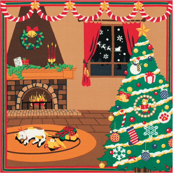 風呂敷（ふろしき）三毛猫みけの夢日記 小ふろしきみけのクリスマス猫（ねこ） クリスマス 12月 冬 クリスマスツリー 暖炉 タペストリー 内祝 結婚祝　お祝い 長寿 引出物