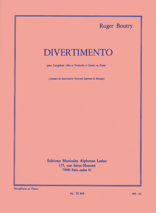 ★ご注意下さい★こちらの商品は輸入商品です。お取り寄せの場合、コロナウイルスなどの影響による各国の航空便の減便、または夏季・冬季など各社の休業状況によって、日本への到着に遅延が生じ、商品ページ記載の納期よりも時間がかかる場合がございます。あらかじめご了承下さい。 ※在庫のある商品とお取り寄せ商品を同時にカートに入れて決済された場合、「商品がすべて揃ってからの発送」となります。お急ぎの場合は在庫のある商品とお取り寄せ商品を分けてご購入下さい。 ※在庫数の記載がない商品は基本的に受注生産またはお取り寄せとなります。 ※すぐに商品が必要な場合はご購入前に商品ページ内の在庫数記載の有無をご確認ください。 ※こちらの商品は輸入商品です。為替レートにより販売価格が予告なく変更される場合がございます（※ご注文後にご注文の商品代金を変更することはありません）。 ※納期はおおそよで記載の通りとなりますが、輸送状況等により遅れが生じる場合がございます。ご了承下さい。 ※決済完了後またはご入金確認後すぐに発注いたします。 ※そのため原則として決済および入金後のキャンセルは受け付けておりません。ご了承下さい。 ■原題または洋題：DIVERTIMENTO ■作曲者：ロジェ・ブトリー（Roger Boutry） ■演奏時間：約8分40秒 ■出版社による設定グレード：-- ■出版社：Alphonse Leduc ■納期：約3-4週間で入荷予定（出版社状況により変動の可能性あり） ■出版社より： 18世紀の音楽ジャンルとして、19世紀半ばまで開発されていなかったアルト・サクソフォンのためにディヴェルティメントが作曲されるのは珍しいことです。しかし、ロジェ・ブートリー（1932年生まれ）は、この「アルト・サクソフォンのためのディヴェルティメント」で、そのスタイルと楽器の組み合わせがスリリングな演奏になることを証明している。フランスの作曲家ブートリーは、パリ国立高等音楽院在学中に多くの賞を受賞し、またプロとしても活躍しています。現代と伝統の多様な傾向をうまく融合させた作品を100曲以上発表している。1989年には、その芸術活動のすべてが評価され、パーソナリティ・オブ・ザ・イヤーに選ばれている。ディヴェルティメントは3つの楽章からなり、冒頭はリズムとシンコペーションが激しく、カデンツァで終わるムーディーでバラード的な第2楽章に移る。そして、第3楽章の軽快なプレスト・フィナーレへと続く。ブートリーのアルトサックスとピアノ伴奏のためのディヴェルティメントは、上級サックス奏者のレパートリーに欠かせない、変化に富んだ作品である。 ■編成： Alto Saxophone and Piano