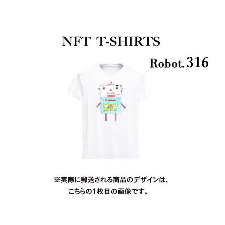 NFT Tシャツ　ユニセックス商品詳細 Robot316 NFT Tシャツ ブランド名： ウェアラブル（wearable） 品番： W230N90NFTT101 カラー： WHITE(ホワイト) ※写真はできるだけ実物に近い色を表現できるよう努めておりますが、ご利用のPCやスマホなど表示機器の都合上、若干の差異が生じますことをあらかじめご了承ください。 サイズ： サイズ目安 平置 ・M：肩幅：48.5cm/ 袖丈：21.5cm/着丈：71.5cm/身幅：55.5cm/アームホール：23.5cm 袖口：20cm 素材(衣服)： レーヨン62％、ナイロン33%、ポリウレタン5% 商品説明： ■世界で1着しかないあなただけのTシャツです。 ■ビッグTシャツで、ゆったり着用することができます。 ■デイリー使いにも、フィットネスやヨガウェアにも大活躍です。 ■優れたストレッチ性で、動きやすく、どんなエクササイズにも対応します。 ■生地そのものの吸湿性が少ないため、汗などの水分を吸収してはすぐに大気へ放出するため、汗をかいてもベタつず速乾性が高くスポーツに最適です。 ※こちらの商品はNFTの権利代が含まれている値段になっています。 ※郵送されるのは1枚目の画像のデザインですので、ご注意ください。