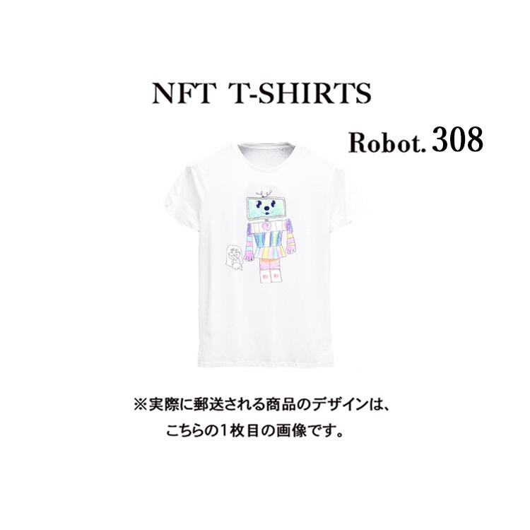 NFT Tシャツ　ユニセックス商品詳細 Robot308 NFT Tシャツ ブランド名： ウェアラブル（wearable） 品番： W230N90NFTT101 カラー： WHITE(ホワイト) ※写真はできるだけ実物に近い色を表現できるよう努めておりますが、ご利用のPCやスマホなど表示機器の都合上、若干の差異が生じますことをあらかじめご了承ください。 サイズ： サイズ目安 平置 ・M：肩幅：48.5cm/ 袖丈：21.5cm/着丈：71.5cm/身幅：55.5cm/アームホール：23.5cm 袖口：20cm 素材(衣服)： レーヨン62％、ナイロン33%、ポリウレタン5% 商品説明： ■世界で1着しかないあなただけのTシャツです。 ■ビッグTシャツで、ゆったり着用することができます。 ■デイリー使いにも、フィットネスやヨガウェアにも大活躍です。 ■優れたストレッチ性で、動きやすく、どんなエクササイズにも対応します。 ■生地そのものの吸湿性が少ないため、汗などの水分を吸収してはすぐに大気へ放出するため、汗をかいてもベタつず速乾性が高くスポーツに最適です。 ※こちらの商品はNFTの権利代が含まれている値段になっています。 ※郵送されるのは1枚目の画像のデザインですので、ご注意ください。