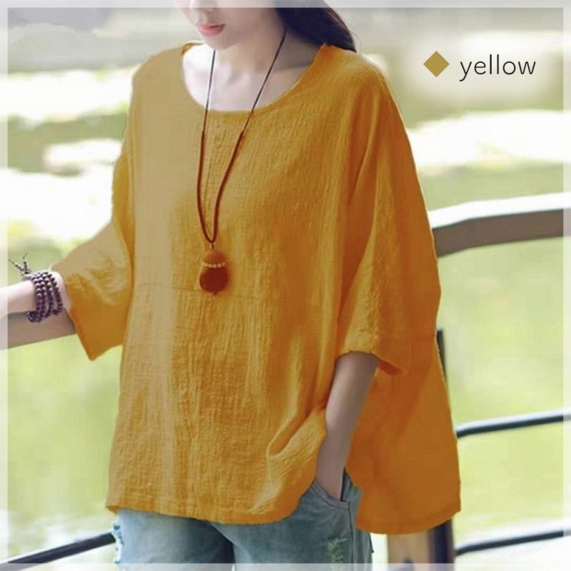 3-Quarter Sleeves - 【＼クーポン利用で20%OFF!／】 Tシャツ レディース ゆったりリネンカットソー ティーシャツ 7分袖 大人 40代 ブランド 半袖 人気 かわいい 5分袖 カジュアル 薄手 ゆったり シャツ ブラウス Vネック 涼しい 春 ジム カットソー ロゴ コーデ 夏 トレーナー スポーツ