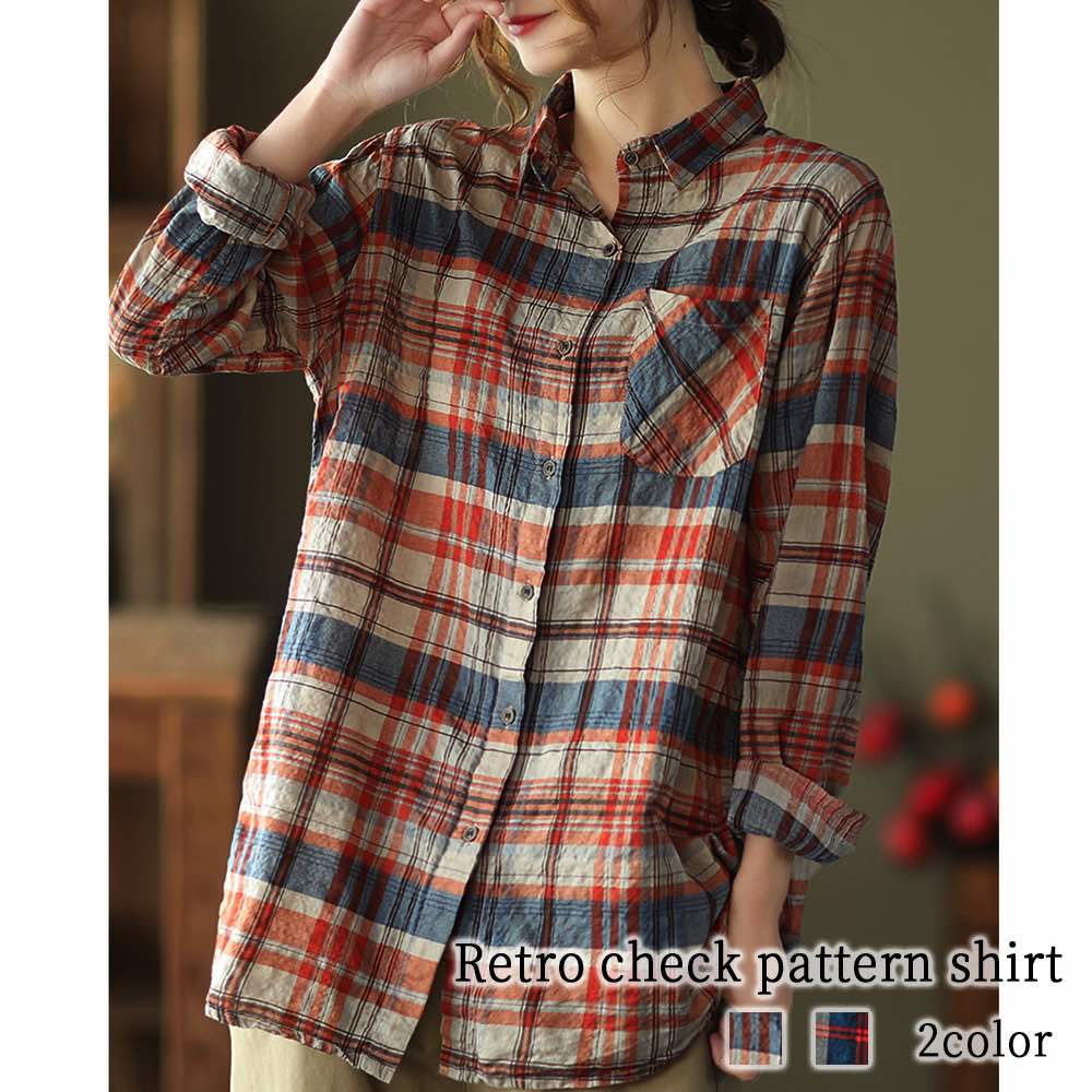 シャツレディースレトロチェック柄シ...