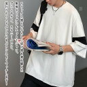 【\クーポン利用で20%OFF!/】 Tシャツ メンズ 袖ラインワイドTシャツ 春 涼しい 綿 人気 ゆったり 薄手 シャツ ロング ジャケット おすすめ 肌着 ブラック 40代 ワッフル ティーシャツ オシャレ コットン ブランド カジュアル ポリエステル 7分袖 半袖 Vネック