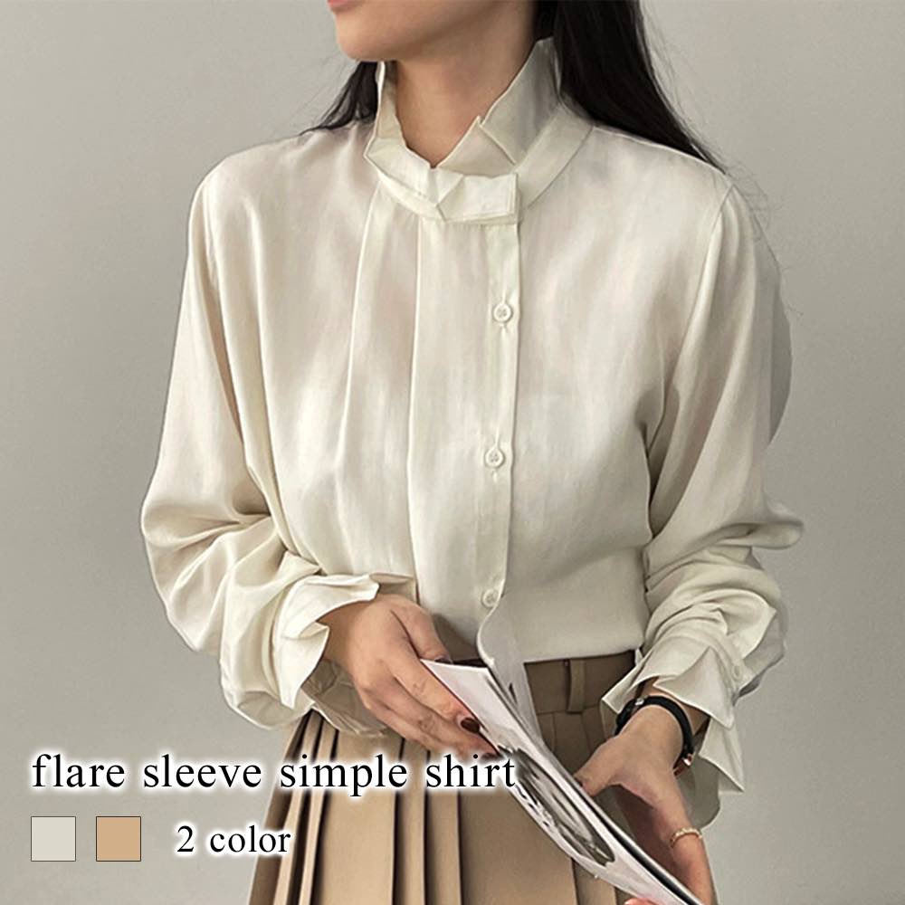 Long-Sleeved - ブラウス レディース フレア袖シンプルシャツ 高品質 長袖 人気 フォーマル 白 事務服 厚手 黒 オフィス レース シフォン フリル おしゃれ ボウタイ Tシャツ カジュアル ブランド きれいめ ノーアイロン 秋 冬 春 カットソー ワンピース スーツ シャツ 50代