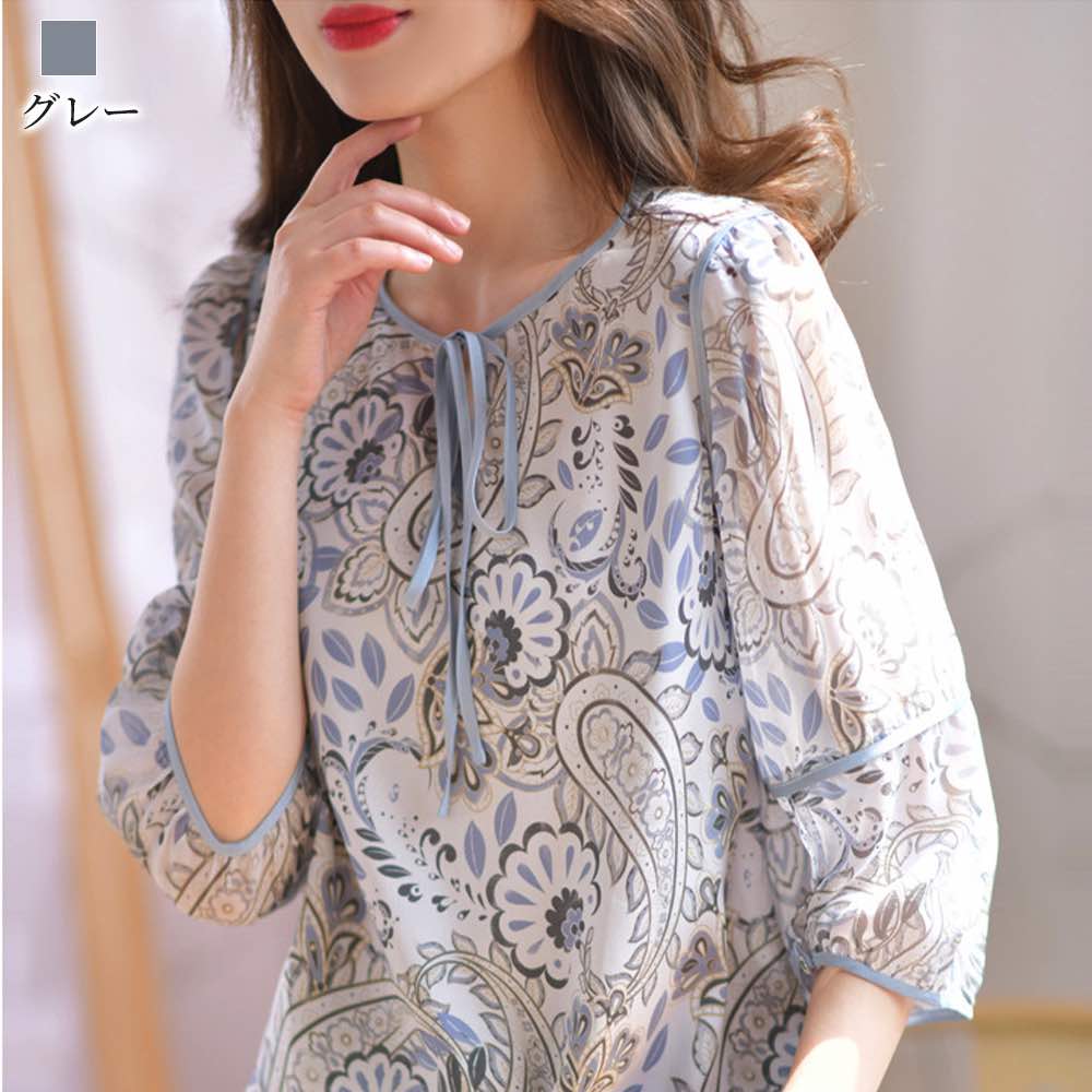 ブラウス レディース レトロ柄シアーブラウス ...の紹介画像3