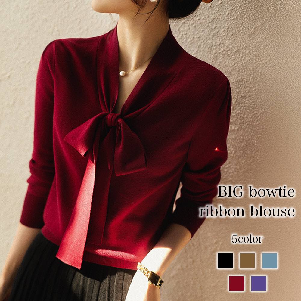 ブラウス レディース BIGボウタイリボンブラウス 高品質 ブランド カットソー 人気 ノーアイロン Tシャツ きれいめ 白 フォーマル 事務服 おしゃれ 冬 シャツ 厚手 春 黒 長袖 スーツ 秋 オフィス フリル ワンピース 安い 50代 ボウタイ カジュアル レース シフ