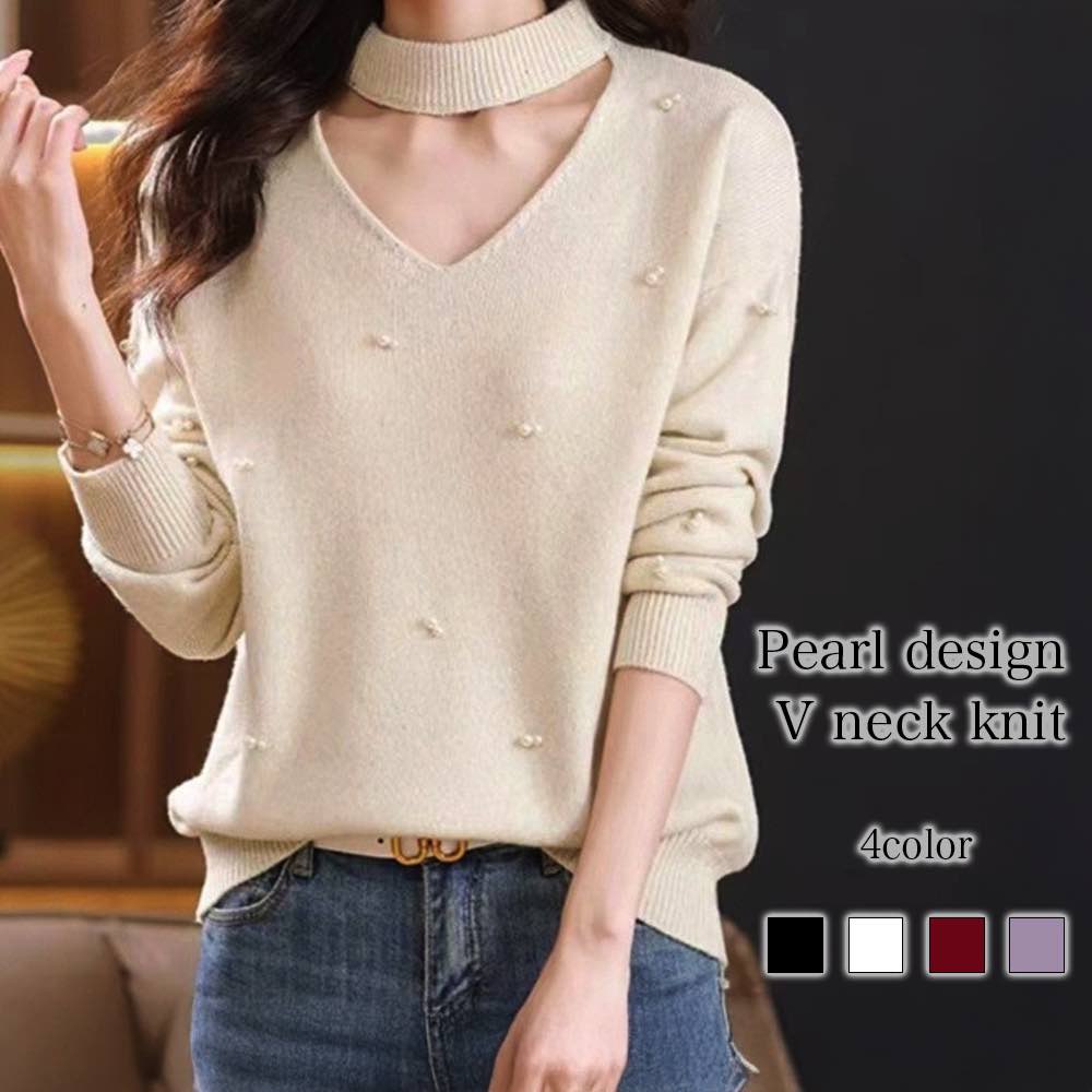 ブラウス レディース パールデザインVネックニット 事