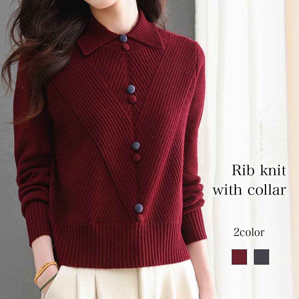 ブラウスレディース襟付きリブニット...
