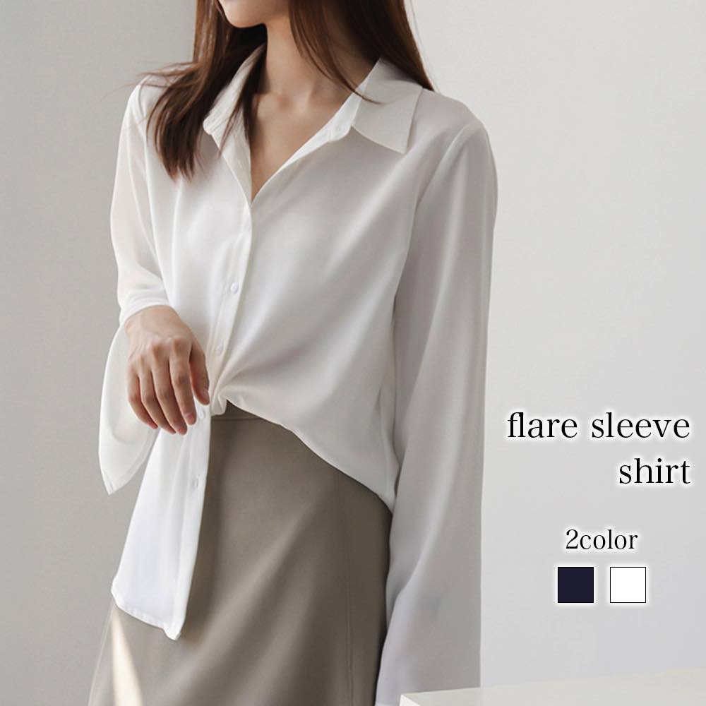 Long-Sleeved - シャツ レディース フレア袖シャツ カジュアル スポーツ 麻 形態安定 襟付き ポロシャツ ブランド かわいい 冬 長袖 カットソー トップス 大人 おしゃれ 秋 ブラウス Tシャツ しわになりにくい オフィス 厚手 暖かい ゆったり 事務服 春 ランニング ロゴ