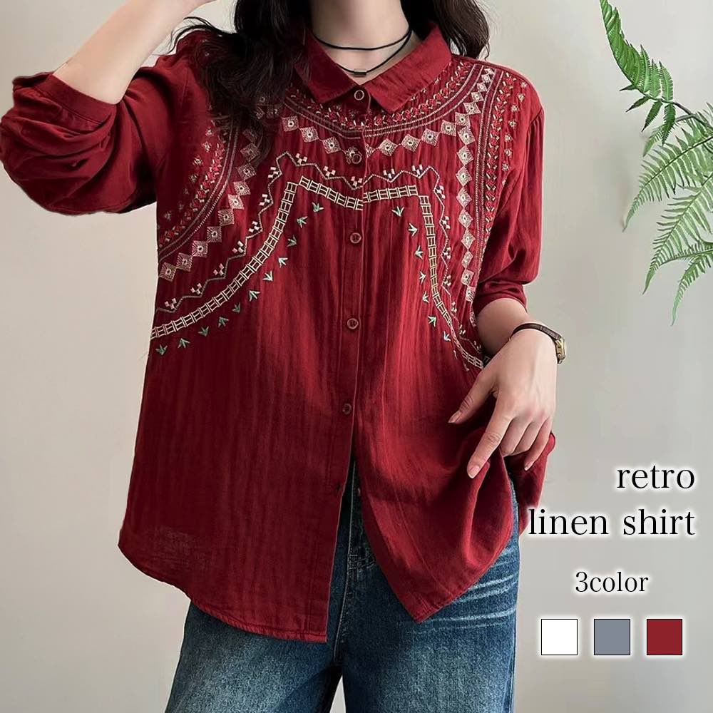 シャツ レディース レトロリネンシャツ Tシャツ ランニング ロゴ 形態安定 秋 ポロシャツ 暖かい スポーツ おしゃれ カジュアル 冬 カットソー 春 ゆったり 厚手 ブラウス ブランド かわいい 襟付き トップス オフィス 大人 麻 しわになりにくい 事務服 長袖(4)