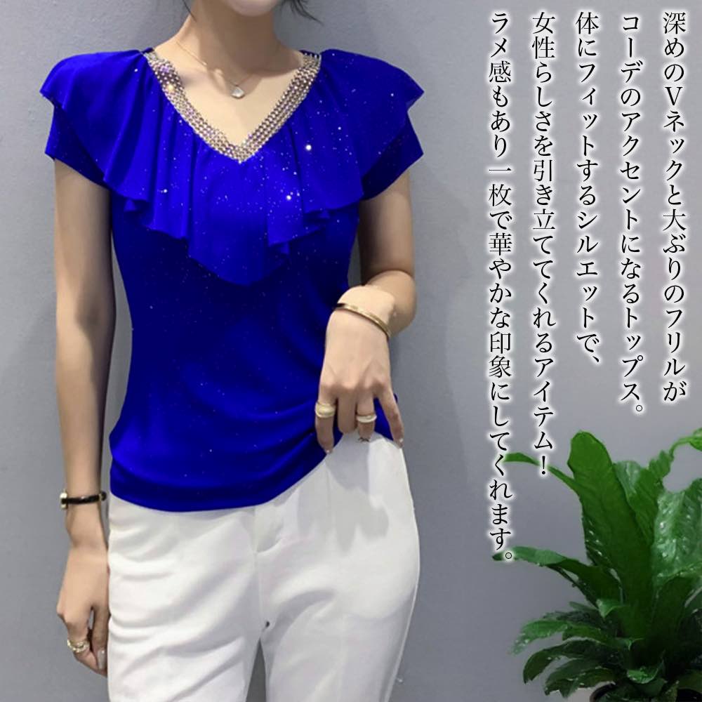 Sleeveless - 【＼クーポン利用で20%OFF!／】 ブラウス レディース VネックフリルTシャツ リボン シフォン ブランド オフィス 50代 ノーアイロン おしゃれ 白 フリル 春 シャツ 事務服 フォーマル 涼しい 半袖 大きいサイズ スーツ 人気 カジュアル レース カットソー