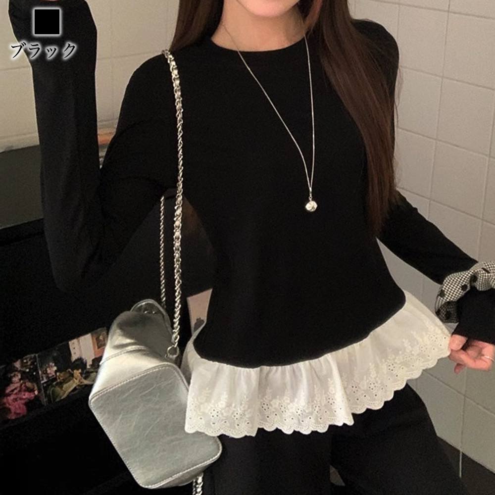 TOKYO SIC（トウキョウシック）の【＼クーポン利用で20%OFF!／】 Tシャツ レディース 裾レースロングTシャツ 春 ブラウス かわいい ブラック 人気 長袖 おしゃれ 秋 ブランド 大人 ロング カジュアル ティーシャツ コーデ 綿 無地 厚手 スポーツ Vネック ロゴ 暖かい トレーナー カットソー 40代｜アングル3