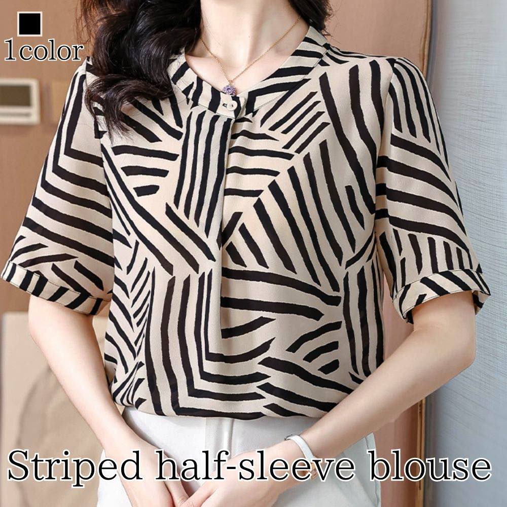 ブラウス レディース ストライプ五分袖丈ブラウス 春 おしゃれ フォーマル カットソー カジュアル レース オフィス 半袖 白 シャツ リボン 事務服 Tシャツ 涼しい 大きいサイズ フリル 安い 人気 薄手 夏 スーツ ノーアイロン 50代 高品質 シフォン きれいめ ブラン