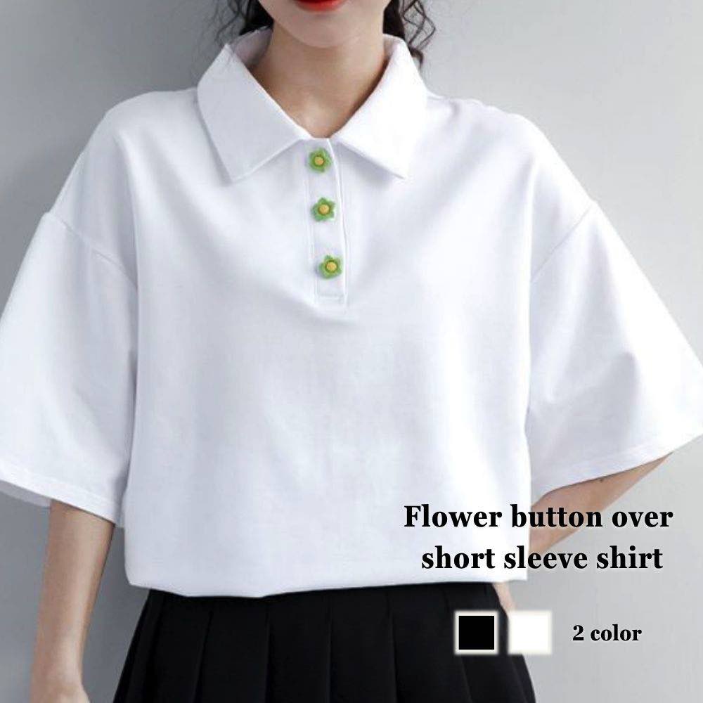 Sleeveless - シャツ レディース 花ボタンオーバー半袖シャツ ボタンシャツ トップス 麻 カットソー 事務服 春 オフィス しわになりにくい スポーツ 半袖 ポロシャツ Tシャツ カジュアル シャツブラウス ブラウス ブランド 大人 おしゃれ 襟付き かわいい ゆったり 白 形態安定 夏