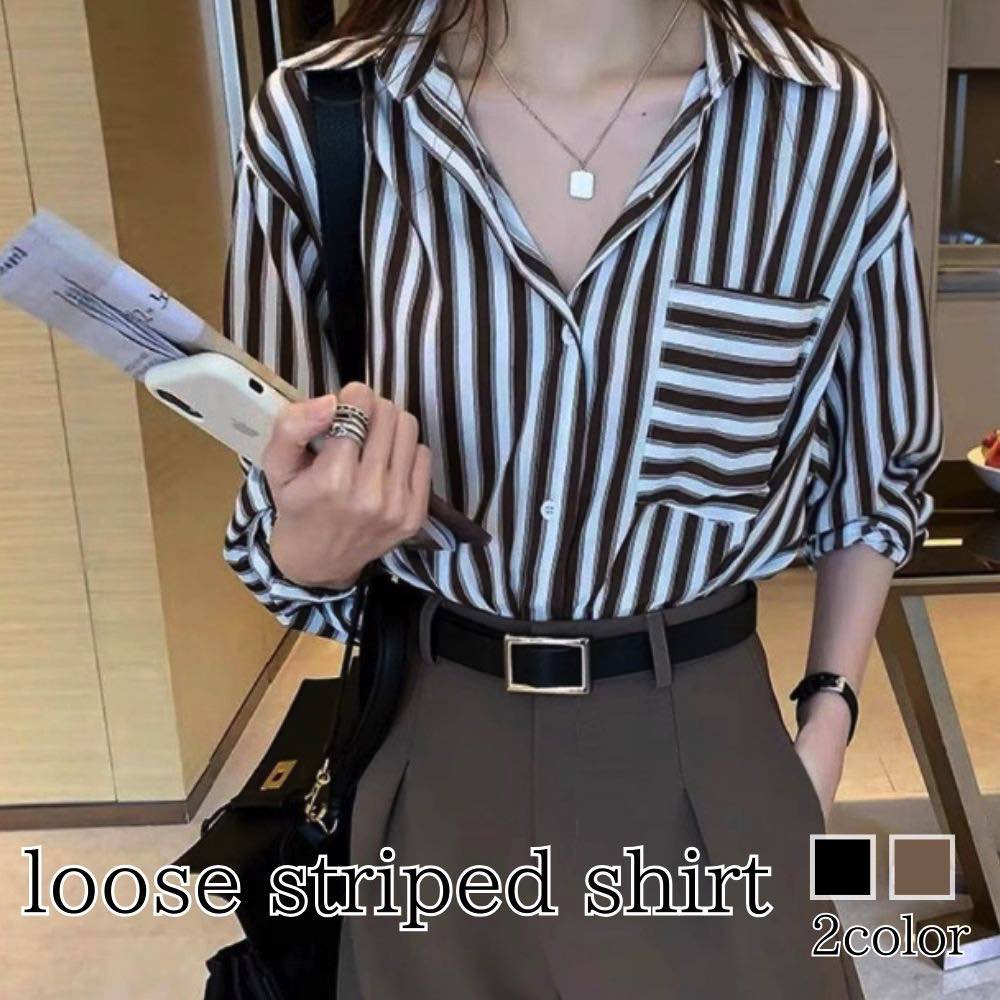 シャツ レディース ルーズストライプシャツ 冬 カットソー 厚手 かわいい ブラウス Tシャツ ゆったり 暖かい ブランド トップス オフィス スポーツ しわになりにくい 大人 おしゃれ ロゴ ランニング 襟付き 春 形態安定 事務服 カジュアル ポロシャツ 長袖 秋 麻