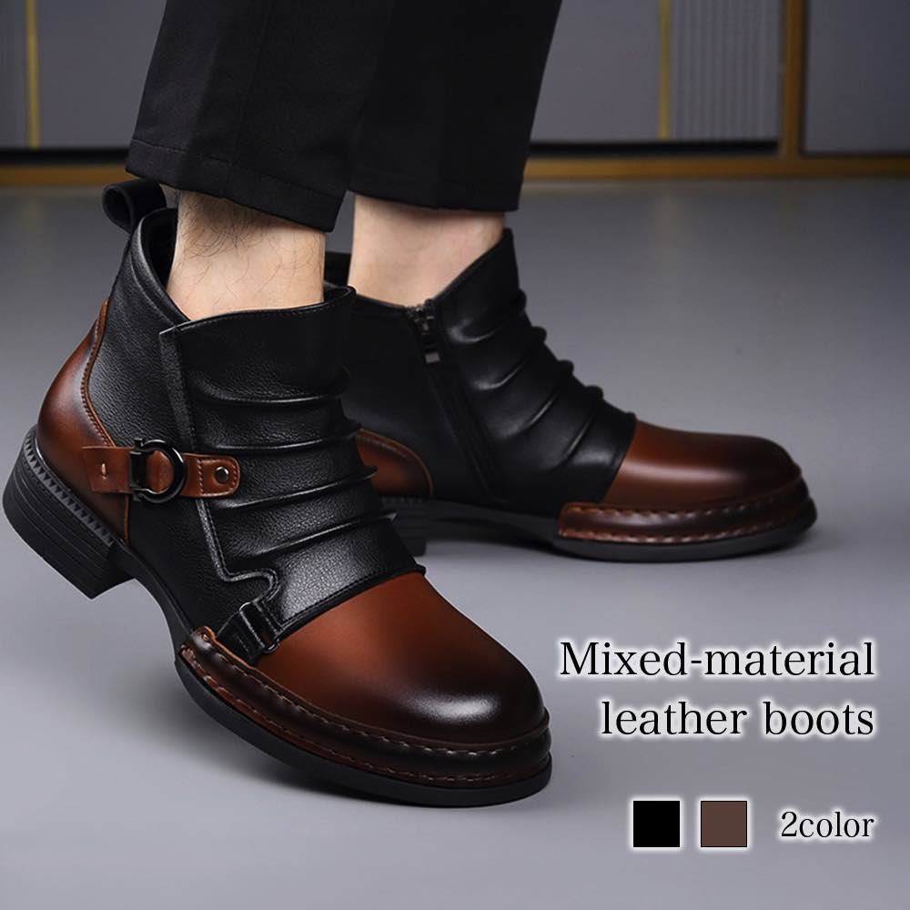 ブーツ メンズ 異素材レザーブーツ フロント ワーク セット 靴 滑らない 完全 春 軽い 幅広 モード 黒 冬 大人 革 ジッパー 防寒 防水 スエード ブランド ブーツ ファスナー 暖かい 人気 レザー 本革 夏 サイドジップ シューズ あったか 秋 ハイカット ロング