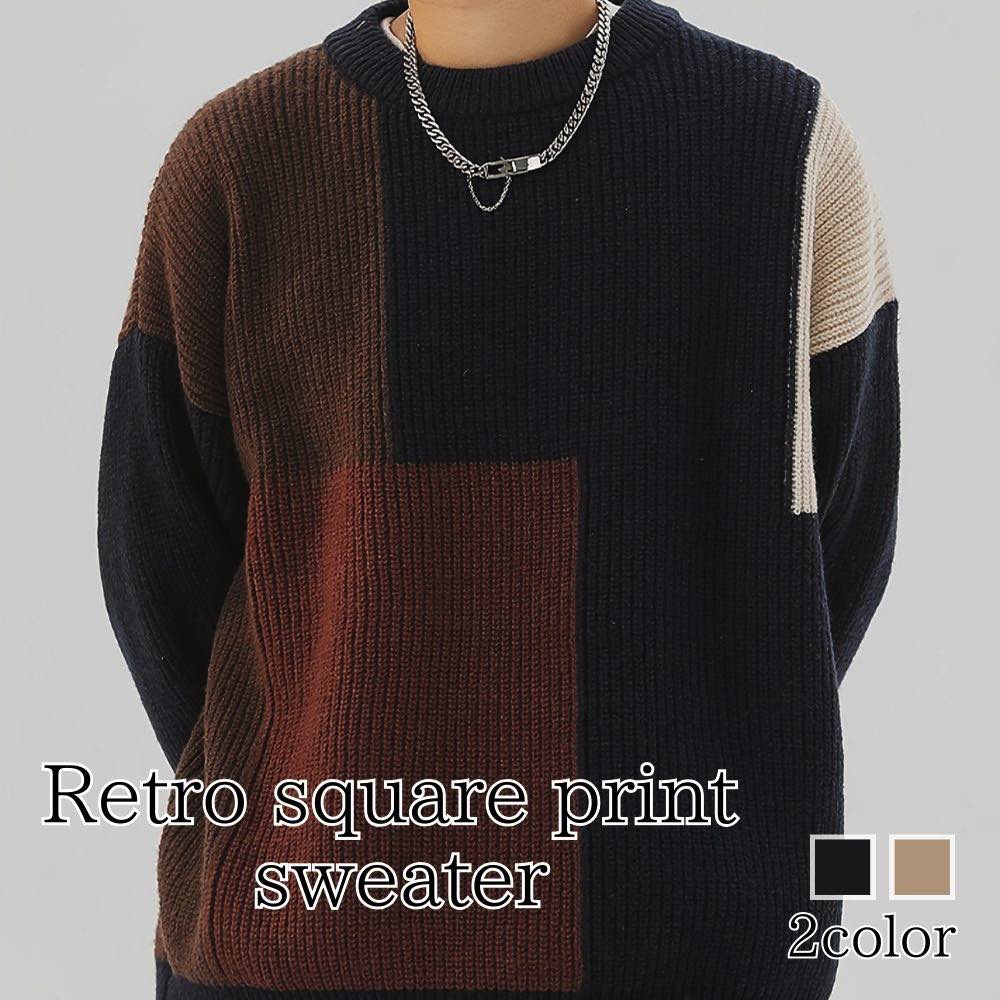 【\クーポン利用で20%OFF!/】 セーター メンズ レトロスクエア柄セーター ブランド モード系 ゴルフ ビジネス リブ トレーナー タートルネック ニット...