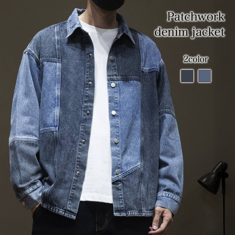 乐天商城 - 【＼クーポン利用で20%OFF!／】 デニムジャケット メンズ パッチワークGジャン コート ブルゾン 50代 春 ダメージ 着こなし ブランド セール Gジャン おしゃれ アウター 黒 大人 アメカジ ボア ジャケット 40代 デニム 大きいサイズ 冬 ジージャン パーカ