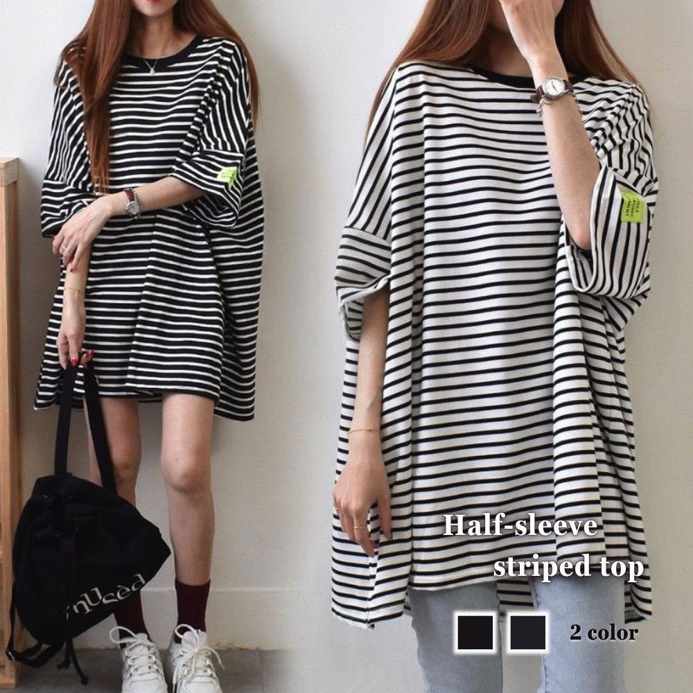 Tシャツレディース5分袖ボーダー柄...