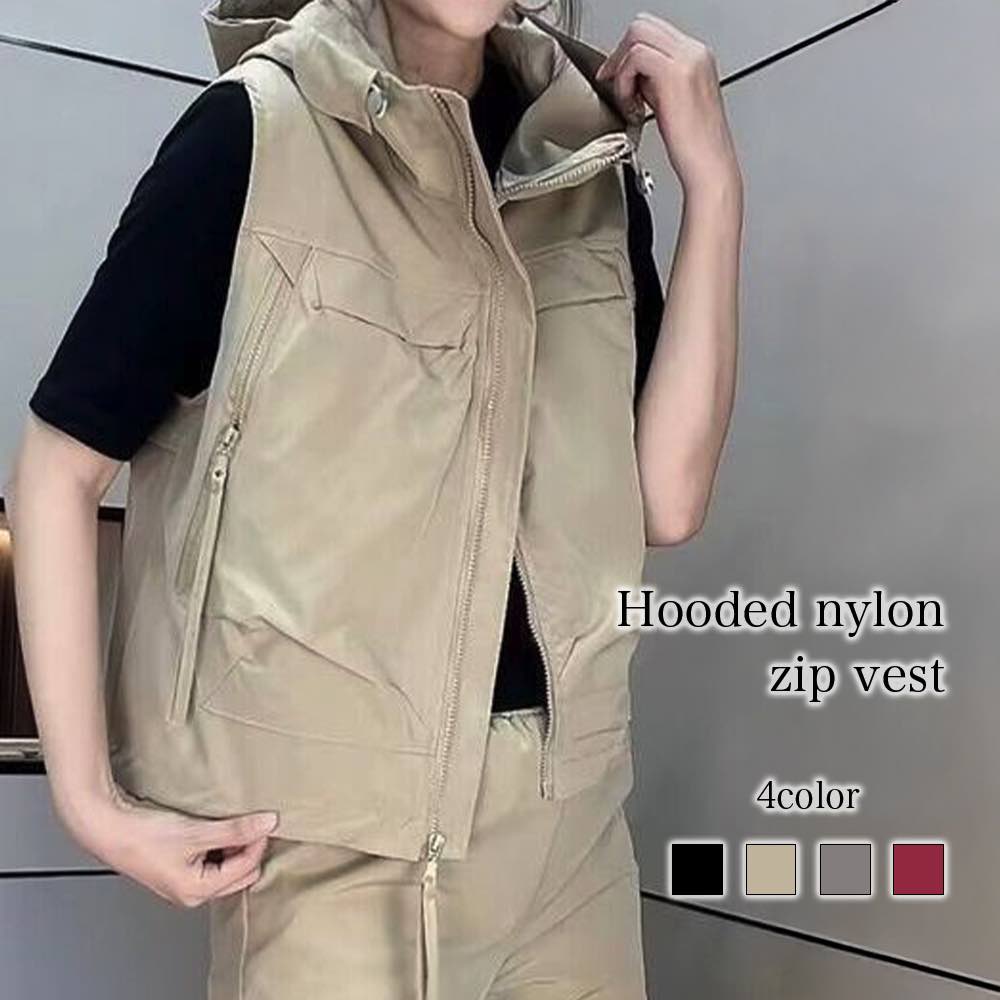 【＼クーポン利用で20%OFF!／】 ベスト レディース フード付きナイロンジップベスト シニア おしゃれ スポーツ 可愛い ウール キルト ブランド 秋 お年寄り 中綿 フリース ダウン ニット 羽毛 インナー 厚手 アーガイル 部屋着 黒 襟なし 人気 春 前開き キル
