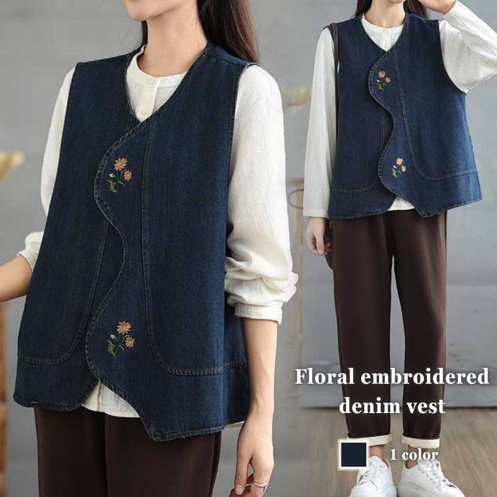 ベスト レディース 花刺繍デニムベスト ニット インナー スーツ ウール アウター スポーツ ブランド 中綿 襟なし 冬 あったか 厚手 フリース 羽毛 アーガ...