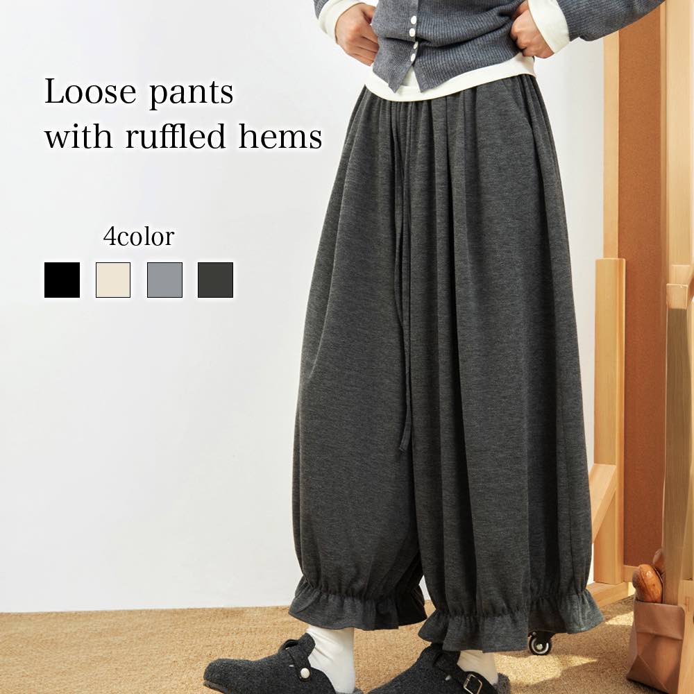 乐天商城 - 【＼クーポン利用で20%OFF!／】 ワイドパンツ レディース 裾フリルルーズパンツ デニム プレスパンツ 冬 低身長 きれいめ 50代 ジーンズ 大きいサイズ セミ トップス コーデ センター 秋 ガウチョパンツ ハイウエスト ワイド 春 ゆったり 夏 人気 ゴム ツイー