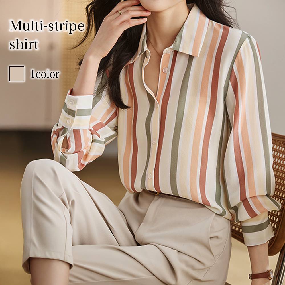 Rakuten - シャツ レディース マルチストライプ柄シャツ しわになりにくい かわいい ロゴ Tシャツ 冬 暖かい トップス カットソー ランニング ブランド ポロシャツ カジュアル 麻 事務服 長袖 ゆったり スポーツ 秋 形態安定 襟付き オフィス おしゃれ 春 厚手 ブラウス 大人