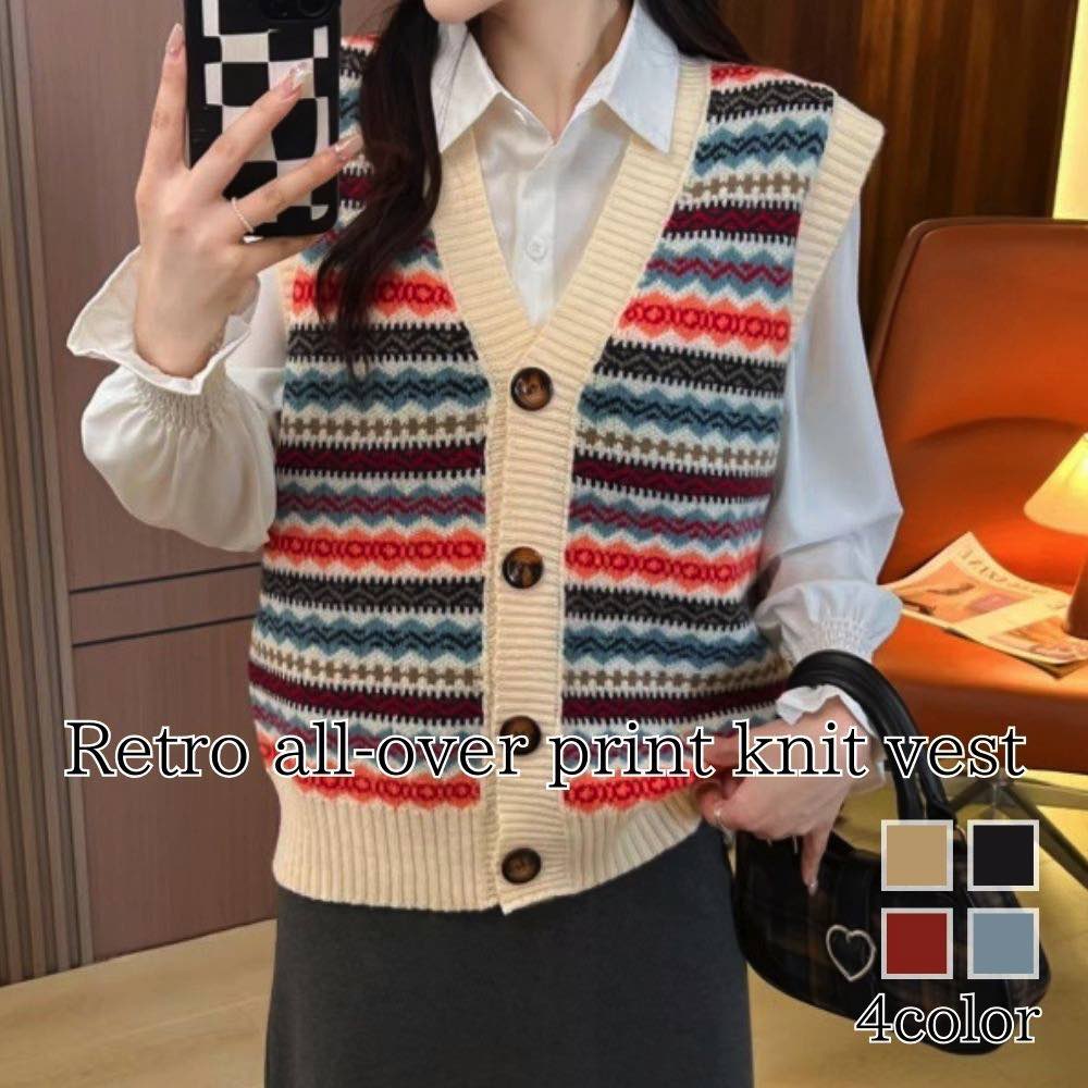 其它 - 【＼クーポン利用で20%OFF!／】 ベスト レディース レトロ総柄ニットベスト 部屋着 ウール シニア スポーツ キルト インナー 秋 中綿 アウター スーツ 羽毛 可愛い ダウン 黒 冬 キルティング 人気 春 アーガイル ブランド あったか お年寄り おしゃれ 襟なし
