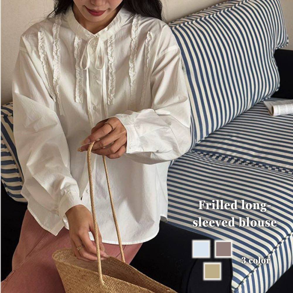 Rakuten - 【＼クーポン利用で20%OFF!／】 ブラウス レディース フリル長袖ブラウス 高品質 長袖 人気 フォーマル 白 事務服 厚手 黒 オフィス レース シフォン フリル おしゃれ ボウタイ Tシャツ カジュアル ブランド きれいめ ノーアイロン 秋 冬 春 カットソー ワン