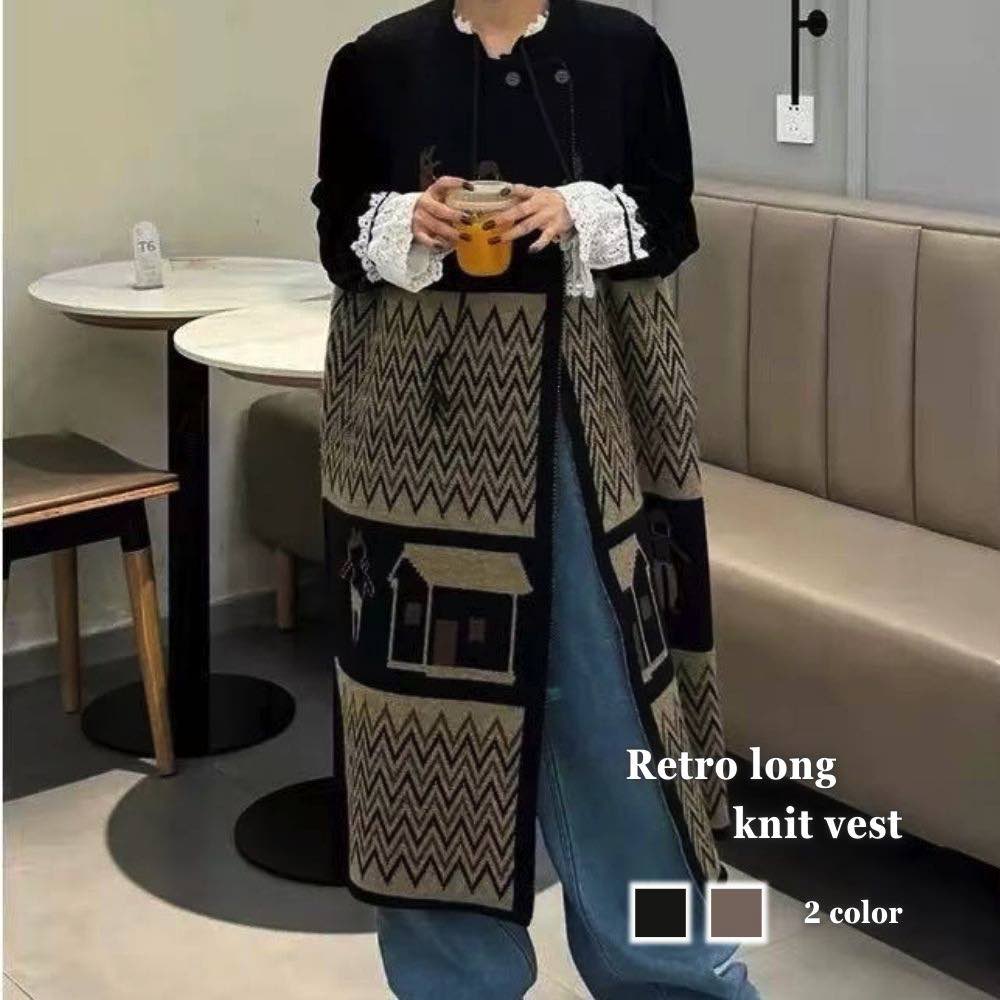 乐天商城 - ベスト レディース レトロロングニットベスト ロング ブランド 可愛い 襟なし 人気 フリース キルト お年寄り シニア 厚手 冬 ウール アウター 中綿 スポーツ ダウン キルティング 前開き 羽毛 スーツ 秋 おしゃれ 部屋着 あったか 黒 インナー 春 アーガイル ニット