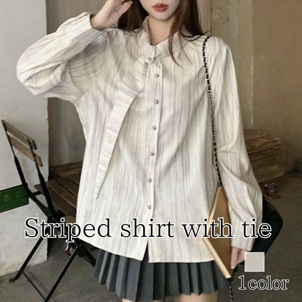 Rakuten - シャツ レディース ネクタイつきストライプ柄シャツ 長袖 冬 事務服 暖かい ランニング ゆったり ロゴ カジュアル 春 ポロシャツ しわになりにくい 襟付き トップス 厚手 スポーツ 大人 形態安定 オフィス おしゃれ ブランド Tシャツ 麻 ブラウス 秋 かわいい カットソー