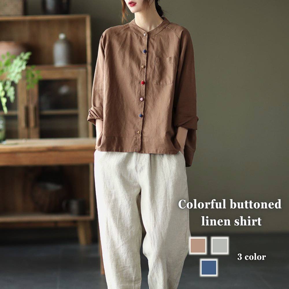 Rakuten - シャツ レディース カラフルボタンリネンシャツ 冬 カットソー 厚手 かわいい ブラウス Tシャツ ゆったり 暖かい ブランド トップス オフィス スポーツ しわになりにくい 大人 おしゃれ ロゴ ランニング 襟付き 春 形態安定 事務服 カジュアル ポロシャツ 長袖 秋 麻