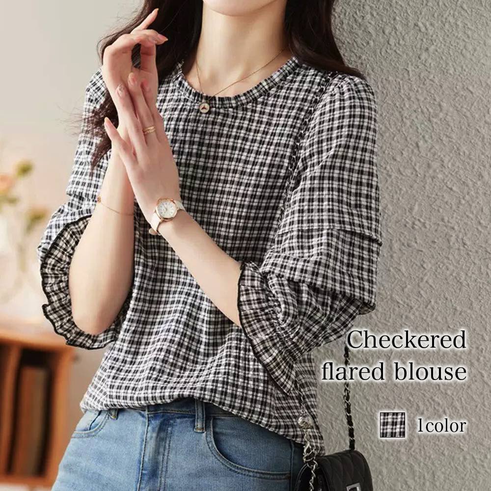 【＼クーポン利用で20%OFF!／】 ブラウス レディース チェック柄フレアブラウス カットソー 事務服 春 フォーマル オフィス スーツ ノーアイロン レース カジュアル 50代 リボン 高品質 フリル 半袖 涼しい 大きいサイズ おしゃれ シフォン 人気 Tシャツ 薄手