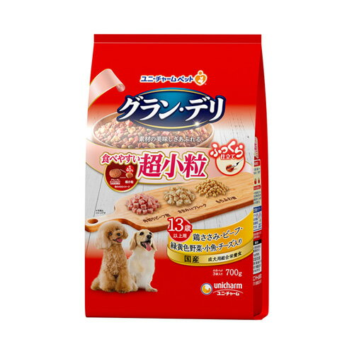-------------------------------------------------------------- 画像はイメージです。 ※ PC環境により実際の色味や質感と異なって表示される場合がございます。 ※ 部品・パーツなどの一部の商品では本体の商品画像を使用しております。 ※ 製品の仕様・画像・パッケージは、メーカー側から予告なく変更される場合があります。 -------------------------------------------------------------- ▲商品の特性上、基本的にご返品を承ることが出来ません。何卒ご了承ください。（返品・キャンセル不可） 口の小さな超小型犬でも食べやすいドッグフード（ソフトタイプ）です。■ 原材料穀類（小麦粉、トウモロコシ、パン粉、小麦グルテン）、糖類（ブドウ糖果糖液糖、ショ糖、粉末水あめ）、豆類（脱脂大豆、大豆パウダー、おからパウダー、大豆エキス、大豆タンパク）、肉類（ビーフミール、ポークミール、ビーフ、チキンエキス、チキンミール、ササミパウダー）、動物性油脂、魚介類（フィッシュミール小魚パウダー）、ビール酵母、セルロースパウダー、野菜類（ニンジンパウダー、カボチャパウダー、ホウレンソウパウダー）、チーズパウダー、プロピレングリコール、ミネラル類（カルシウム、塩素、銅、鉄、ヨウ素、カリウム、ナトリウム、リン、亜鉛）、グリセリン、乳化剤、増粘安定剤（加工でん粉、アルギン酸エステル）、保存料（ソルビン酸K、ソルビン酸）、ソルビトール、pH調整剤、調味料、ビタミン類（A、B1、B2、B6、B12、C、D、E、K、コリン、パントテン酸）、着色料（二酸化チタン、赤色40号、赤色106号、黄色4号、黄色5号、青色1号）、グルコサミン塩酸塩、リン酸塩、酸化防止剤（アスコルビン酸Na、ミックストコフェロール、ハーブエキス、ローズマリー抽出物）、コンドロイチン硫酸、発色剤（亜硝酸Na）■ 原産国日本 【発売元、製造元、輸入元又は販売元】ユニ・チャーム こちらの商品は、ペット用の商品です。広告文責：ナチュラルウェブ株式会社TEL：03-6423-0750※パッケージ・内容等予告なく変更する場合がございます。 【メーカー・ブランド】 unicharm / ゆにちゃーむ 【#119】