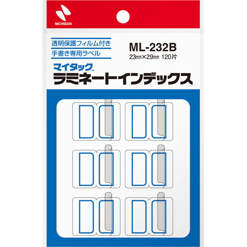 -------------------------------------------------------------- 画像はイメージです。 ※ PC環境により実際の色味や質感と異なって表示される場合がございます。 ※ 部品・パーツなどの一部の商品では本体の商品画像を使用しております。 ※ 製品の仕様・画像・パッケージは、メーカー側から予告なく変更される場合があります。 -------------------------------------------------------------- 帳簿類や書類の見出し・整理に便利です。破れや汚れからラベルをがっちりガードする透明保護フィルムつきです。ラミネート加工していない再生可能なはく離紙を使用しています。※プリンタでは使用できません。一般表示、整理分類表示、タイトル、備品用、名札、図書館などでの分類表示には特に有効です。■ 入数： 1P■ 本体色(軸色)： 青枠■ 1P入数（片）： 10シート（120片）■ ラベルサイズ： 縦23×横29mm■ 材質： ラベル＝PP，上質紙/はく離紙＝ノンポリラミ紙，粘着剤＝アクリル系 【メーカー・ブランド】 NICHIBAN / にちばん インデックスラベル / ふせん / 事務用品 【#154】