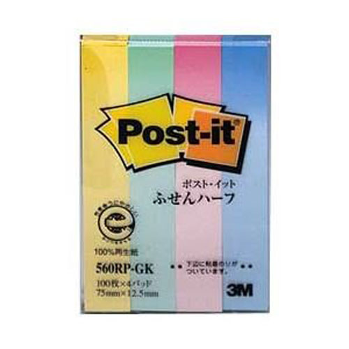 -------------------------------------------------------------- 画像はイメージです。 ※ PC環境により実際の色味や質感と異なって表示される場合がございます。 ※ 部品・パーツなどの一部の商品では本体の商品画像を使用しております。 ※ 製品の仕様・画像・パッケージは、メーカー側から予告なく変更される場合があります。 -------------------------------------------------------------- ■ 入数： 4個■ 本体色(軸色)： Gイエロー，Gピンク，Gブルー，Gグリーン各1個■ 再生紙■ サイズ： 縦75×横12.5mm■ 1個枚数： 100枚■ 材質： 古紙パルプ配合率100％の再生紙使用29952 【メーカー・ブランド】 住友スリーエム / すりーえむ / 3M ラベル・ふせん 【#154】ポストイット 通常粘着ふせん/粘着メモシリーズ オフィスの定番、ポスト・イット 通常粘着ふせん/粘着メモ。 繰り返し貼ったりはがしたりでき、相手をいためません。 小さいサイズから大きいサイズまで、豊富なサイズと色を取り揃えています。