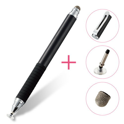 -------------------------------------------------------------- 画像はイメージです。 ※ PC環境により実際の色味や質感と異なって表示される場合がございます。 ※ 部品・パーツなどの一部の商品では本体の商品画像を使用しております。 ※ 製品の仕様・画像・パッケージは、メーカー側から予告なく変更される場合があります。 -------------------------------------------------------------- こちらの商品はネコポスでの発送となります。※その他商品と同梱で税込5,980円未満の場合は、別途送料が掛かります。 用途で選べる2WAYタイプ。なめらかなペン滑りの導電繊維タイプと、細かい操作がしやすいディスクタイプの2種類のペン先を採用し、用途で選べる2WAYタッチペン。■ なめらかなペン滑りの導電繊維タイプと、細かい操作がしやすいディスクタイプの2種類のペン先を採用し、用途で選べる2WAYタッチペンです。■ 導電繊維製ペン先は、さらさらと滑り心地がよく、なめらかな操作を実現します。■ ディスクタイプのペン先は、ディスクがクリアでタッチしているポイントが見やすく、細かな操作が可能です。■ ディスクタイプ側にはしっかり握れるラバーグリップが付いています。■ 使用しない側のペン先を守るキャップが付属しています。■ キャップはしっかりと固定できるはめ込み式で、胸ポケットなどに入れて持ち運ぶのに便利なクリップが付いています。■ ペン先が劣化した際に取り替えられる交換ペン先がそれぞれ1個ずつ付属しています。【仕様】対応機種：各種スマートフォン・タブレット外形寸法：長さ約142.5mm×ペン径約9.5mm ペン先 導電繊維 約6mm ディスク 約7mm材質：ペン先:導電繊維・ポリカーボネート、本体:アルミニウムカラー：ブラック 【メーカー・ブランド】 エレコム / えれこむ / ELECOM 【#1】